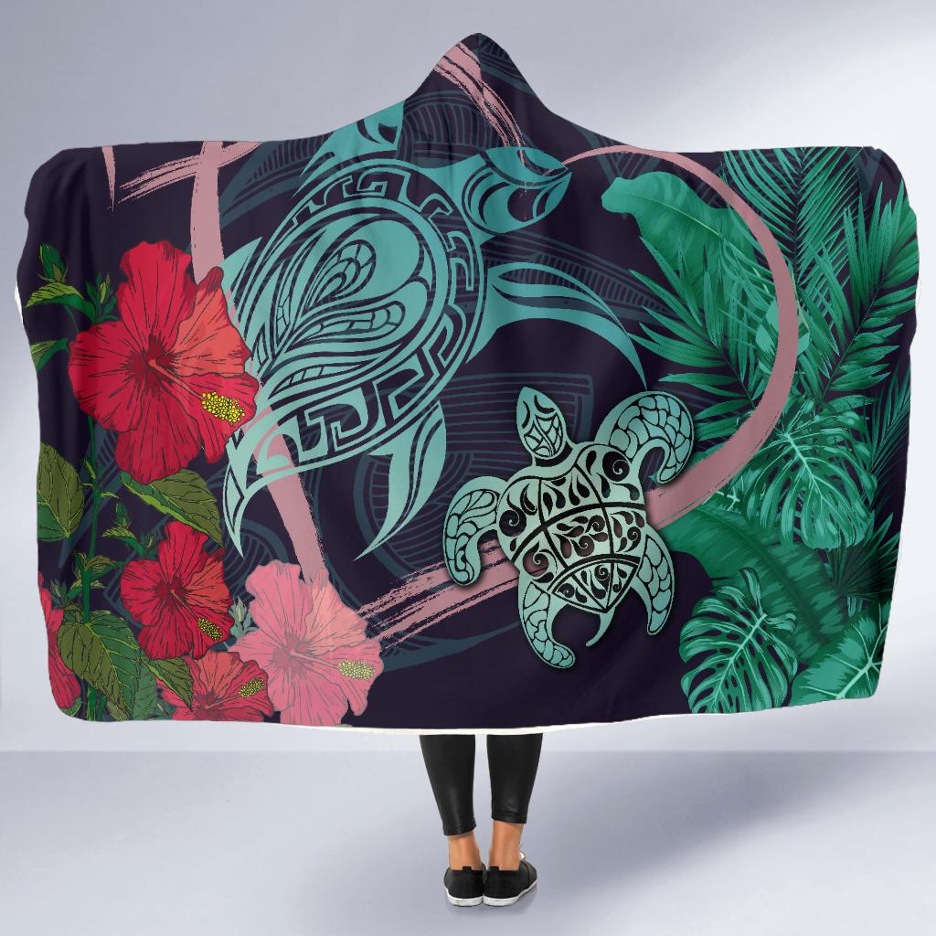 Hawaii Turtle Hibiscus Valentine Hooded Blanket - Tropical Style - AH Hooded Blanket Purple - Polynesian Pride