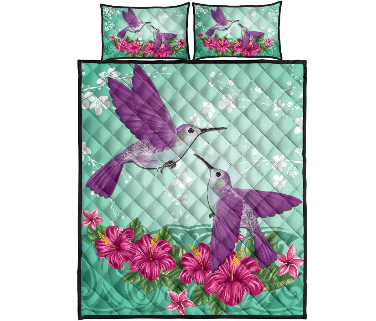 Hawaii Humming Bird Hibiscus Quilt Bed Set - Out Style Green - Polynesian Pride