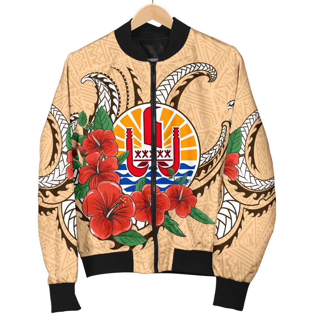 Tahiti Polynesian Men Bomber Jacket - Hibiscus Coat of Arm Beige BEIGE - Polynesian Pride