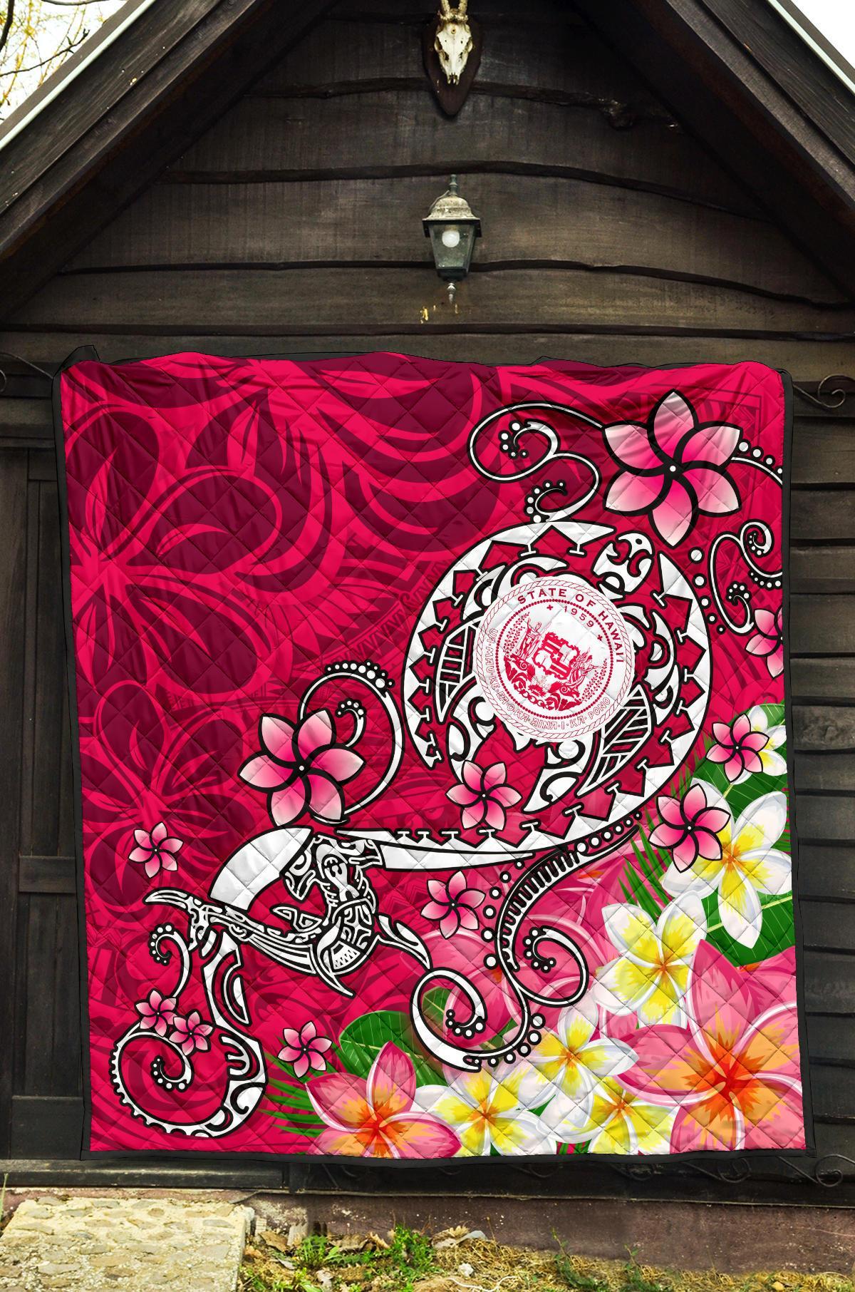 Hawaii Polynesian Premium Quilt - Hawaii Seal With Turtle Plumeria (Pink) - Polynesian Pride