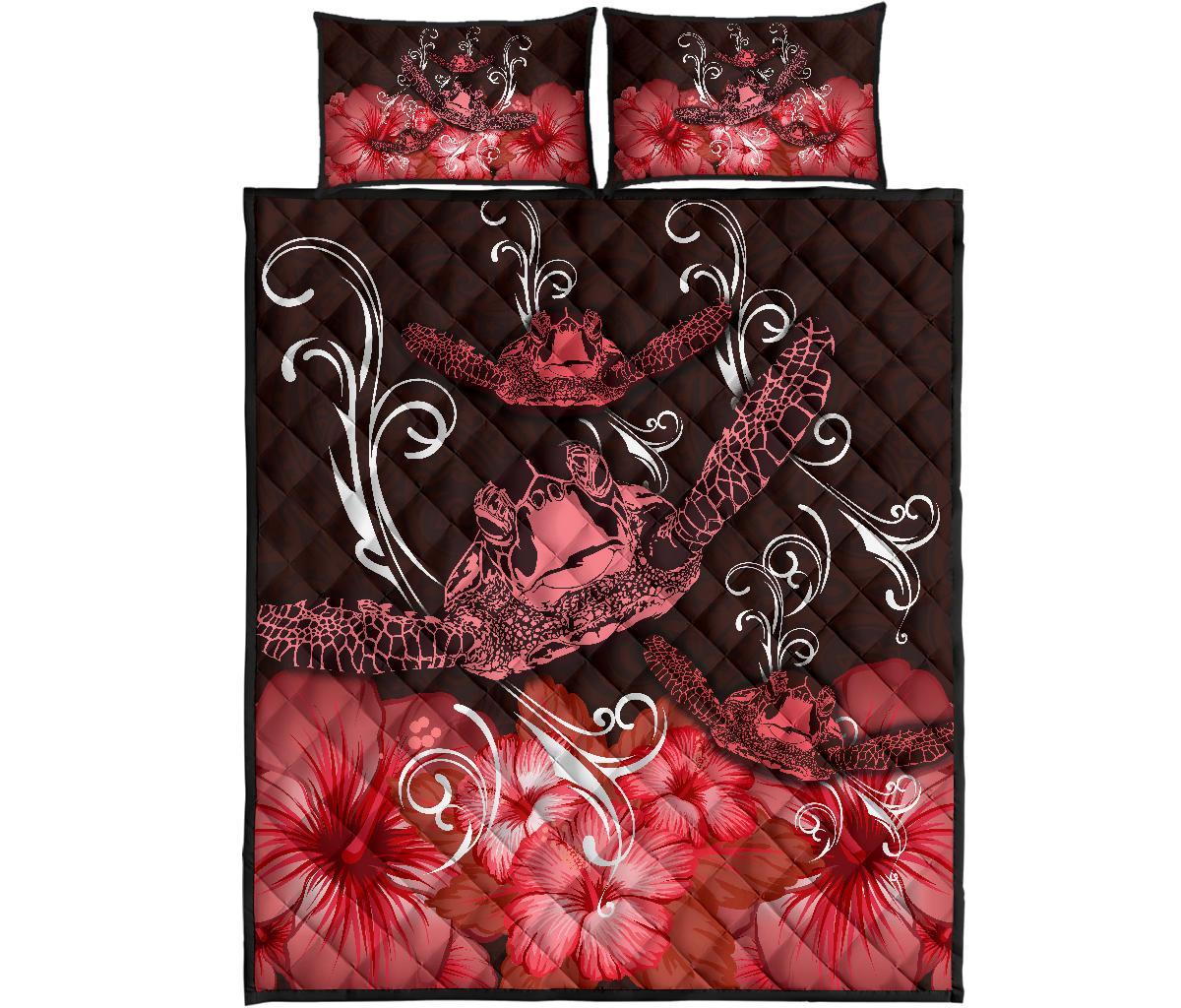 Hawaii Polynesian Turtle Waves Hibiscus Quilt Bed Set - Erik Style - AH - Red Red - Polynesian Pride