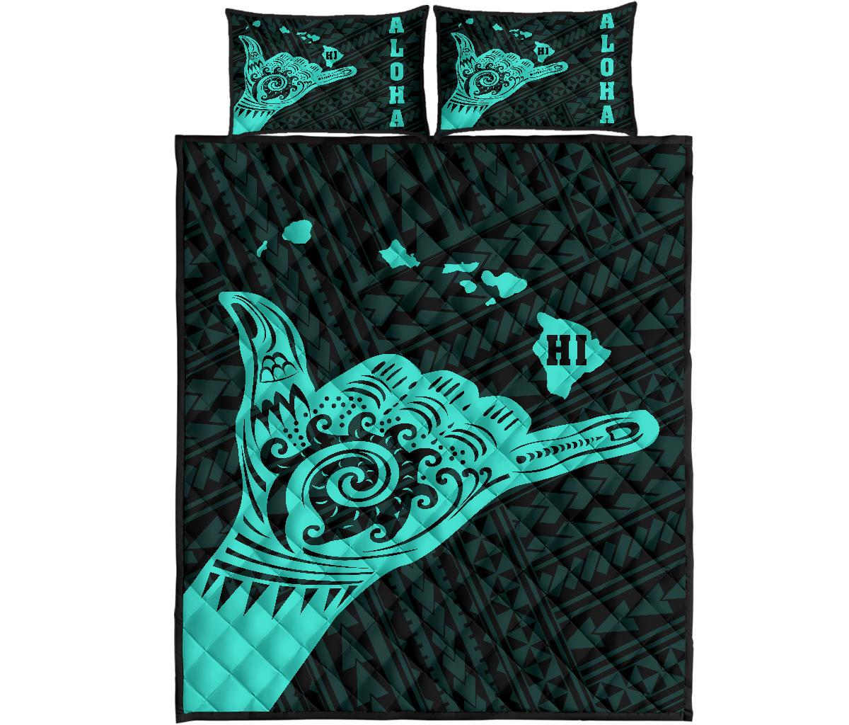 Hawaii Shaka Map Polynesian Quilt Bed Set - Turquoise Turquoise - Polynesian Pride