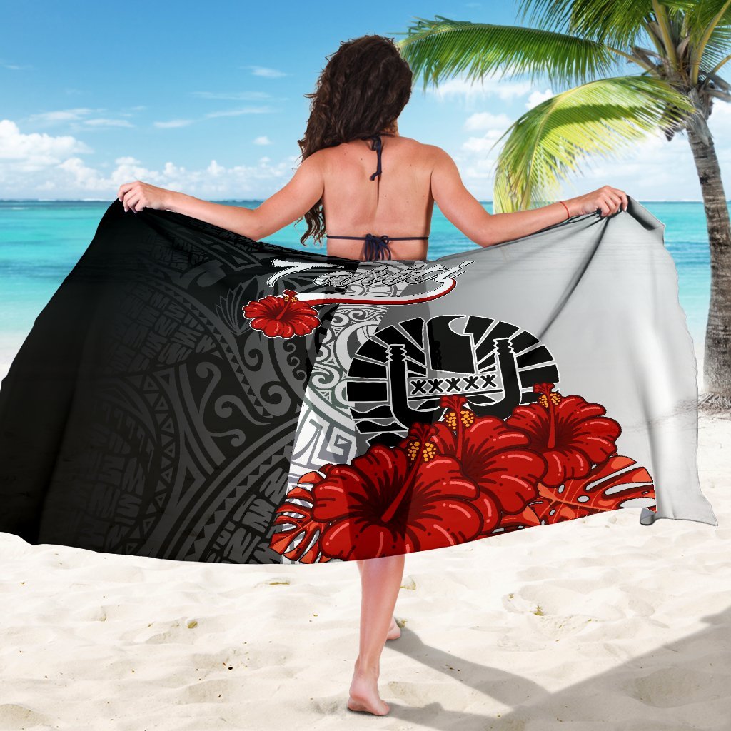 Tahiti Polynesian Sarong - Coat Of Arm With Hibiscus White - Polynesian Pride