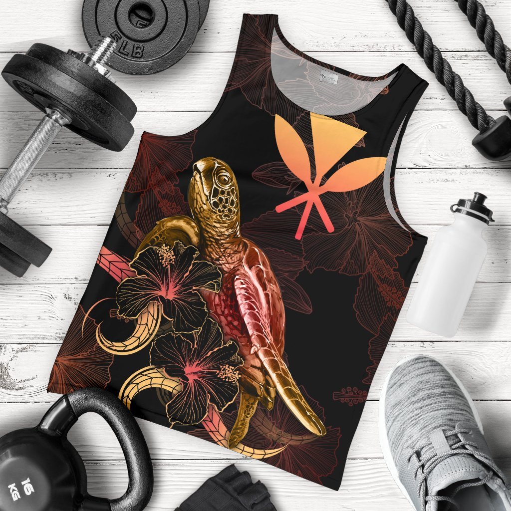 Hawaii Men Tank Top - Turtle With Blooming Hibiscus Gold Gold - Polynesian Pride