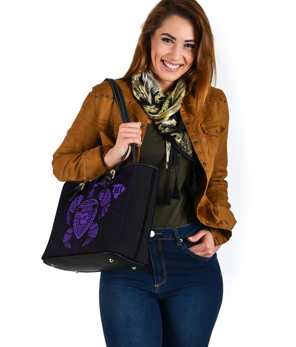 Hawaii Kakau Polynesian Ohana Turtle Map Small Leather Tote - Purple - Polynesian Pride