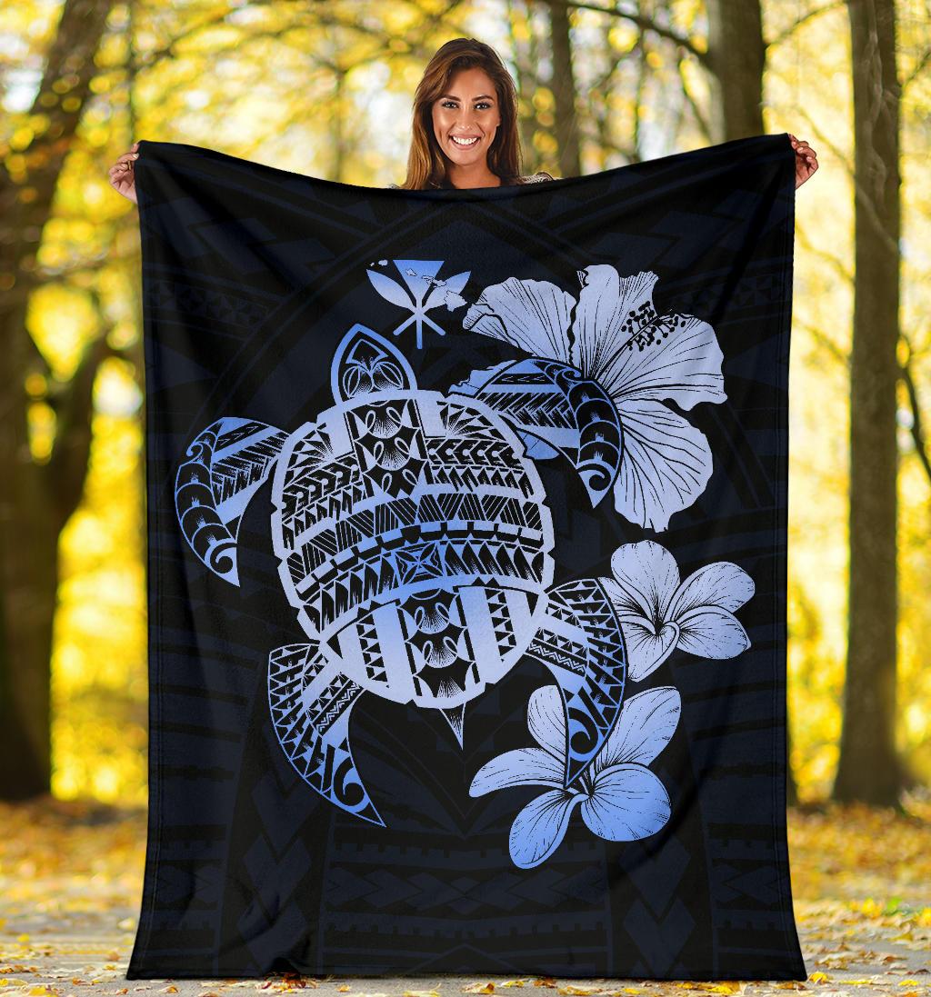 Hawaiian Kanaka Hibiscus Plumeria Mix Polynesian Turtle Premium Blanket Blue AH White - Polynesian Pride