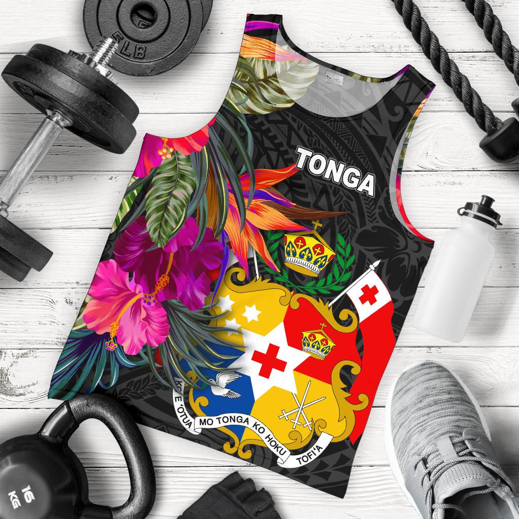 Tonga Men's Tank Top - Polynesian Hibiscus Pattern Black - Polynesian Pride