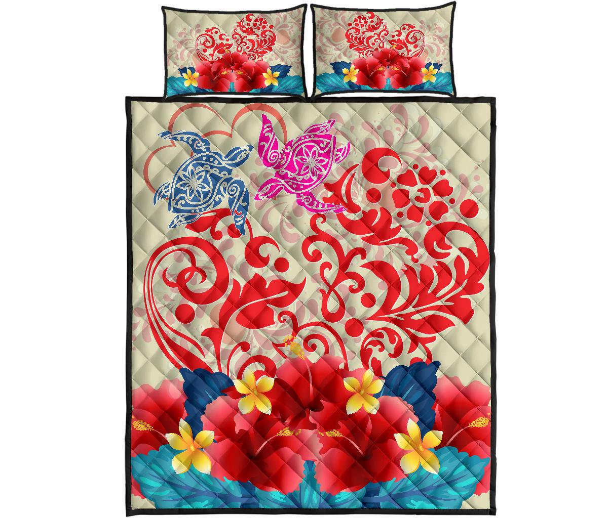 Hawaii Turtle Couple Hibiscus Valentine Pattern Quilt Bed Set - Romance Style - AH Beige - Polynesian Pride