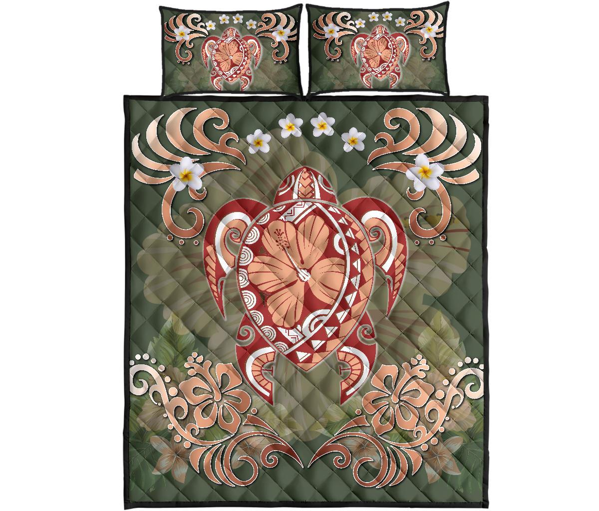 Hawaii Turtle Hibiscus Plumeria Quilt Bed Set - Jessi Style - AH Green - Polynesian Pride