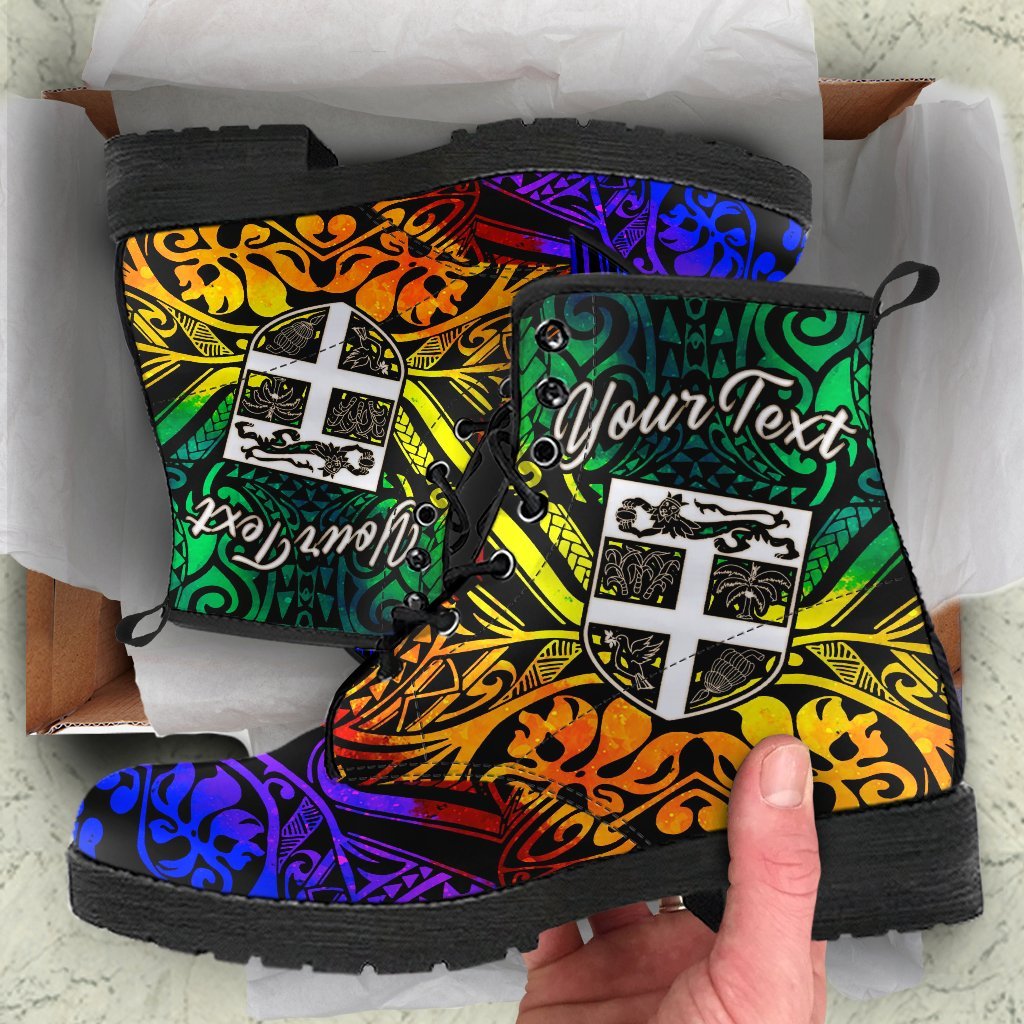 Fiji Custom Personalised Leather Boots - Rainbow Polynesian Pattern Rainbow - Polynesian Pride