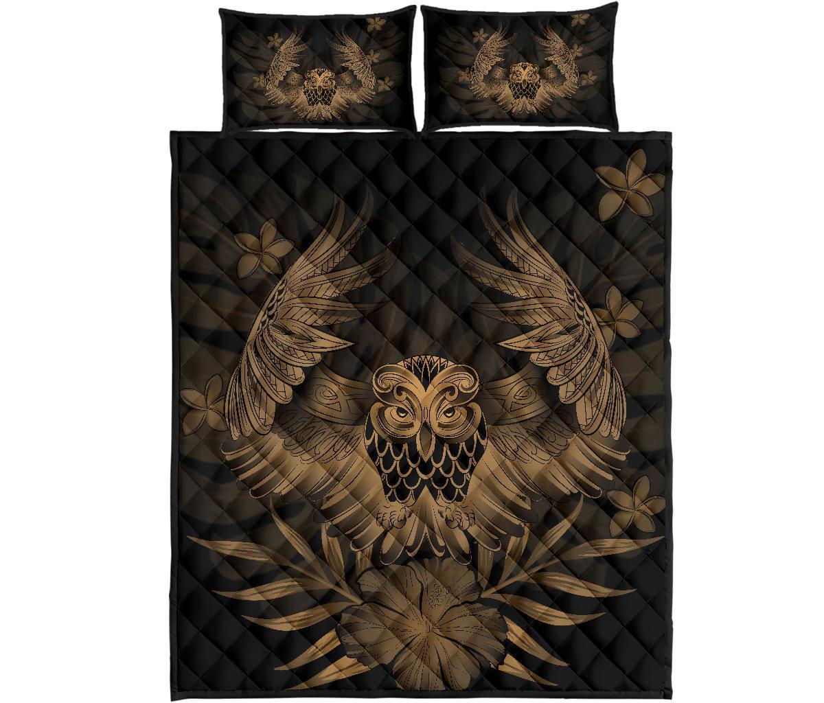 Hawaii Owl Hibiscus Plumeria Quilt Bed Set - Gold Gold - Polynesian Pride