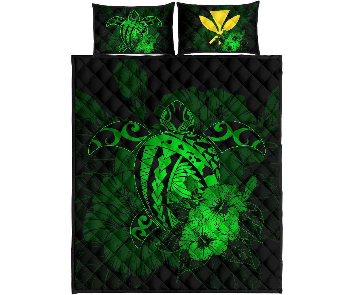 Hawaii Hibiscus Quilt Bed Set - Harold Turtle - Green Green - Polynesian Pride