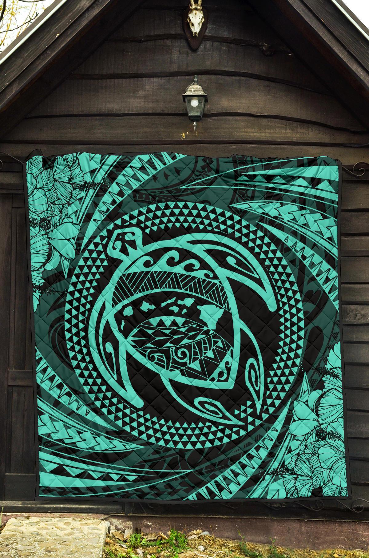 Hawaiian Kanaka Honu Hibiscus Tornando Turquoise Polynesian Premium Quilt - Polynesian Pride