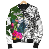 Palau Men's Bomber Jacket White - Turtle Plumeria Banana Leaf Crest - Polynesian Pride