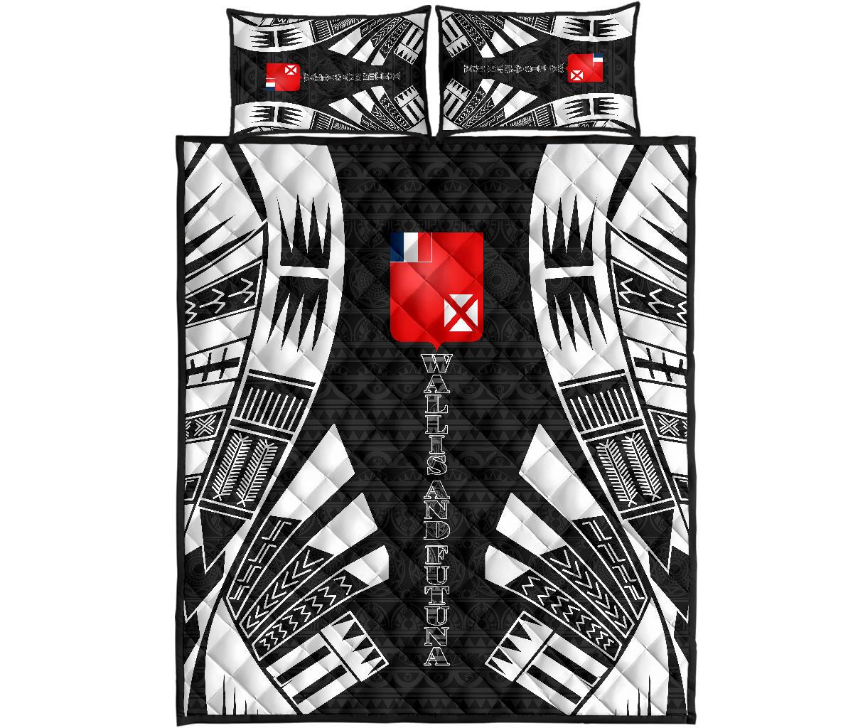 Wallis and Futuna Quilt Bed Set - Wallis and Futuna Coat Of Arms & Polynesian White Tattoo Style Art - Polynesian Pride