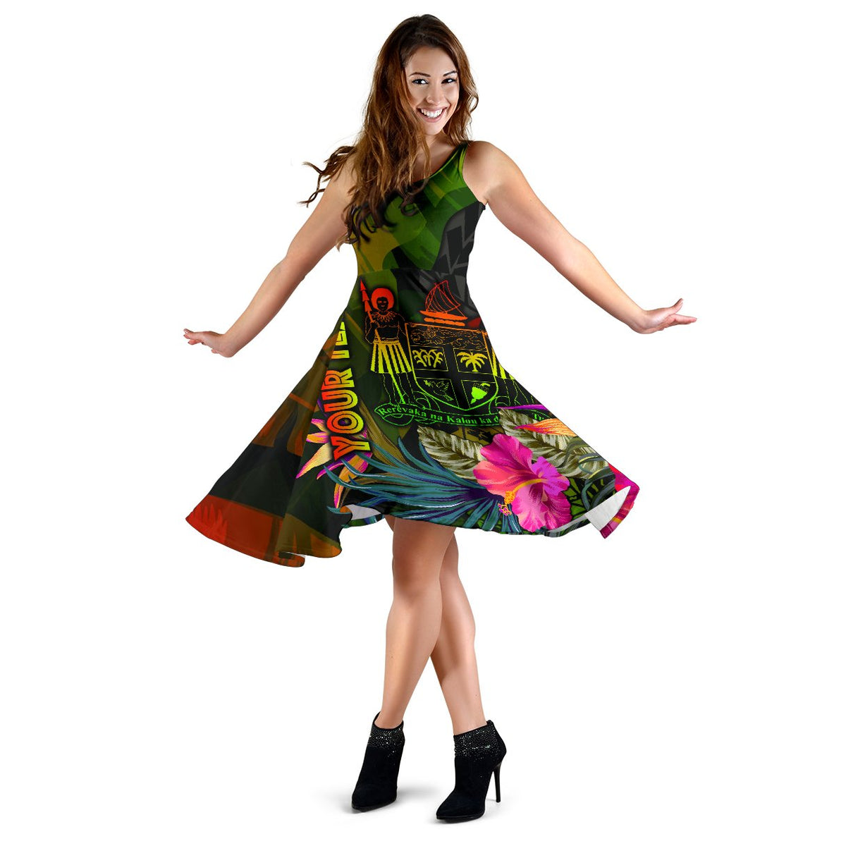 Fiji Polynesian Personalised Midi Dress - Hibiscus and Banana Leaves - Polynesian Pride