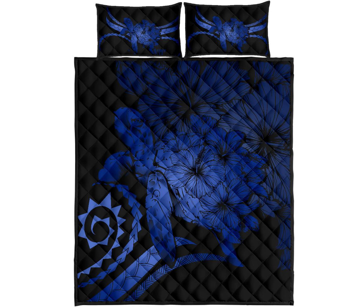 Hawaii Turtle Hibiscus Polynesian Vintage Quilt Bed Set - Blue Blue - Polynesian Pride