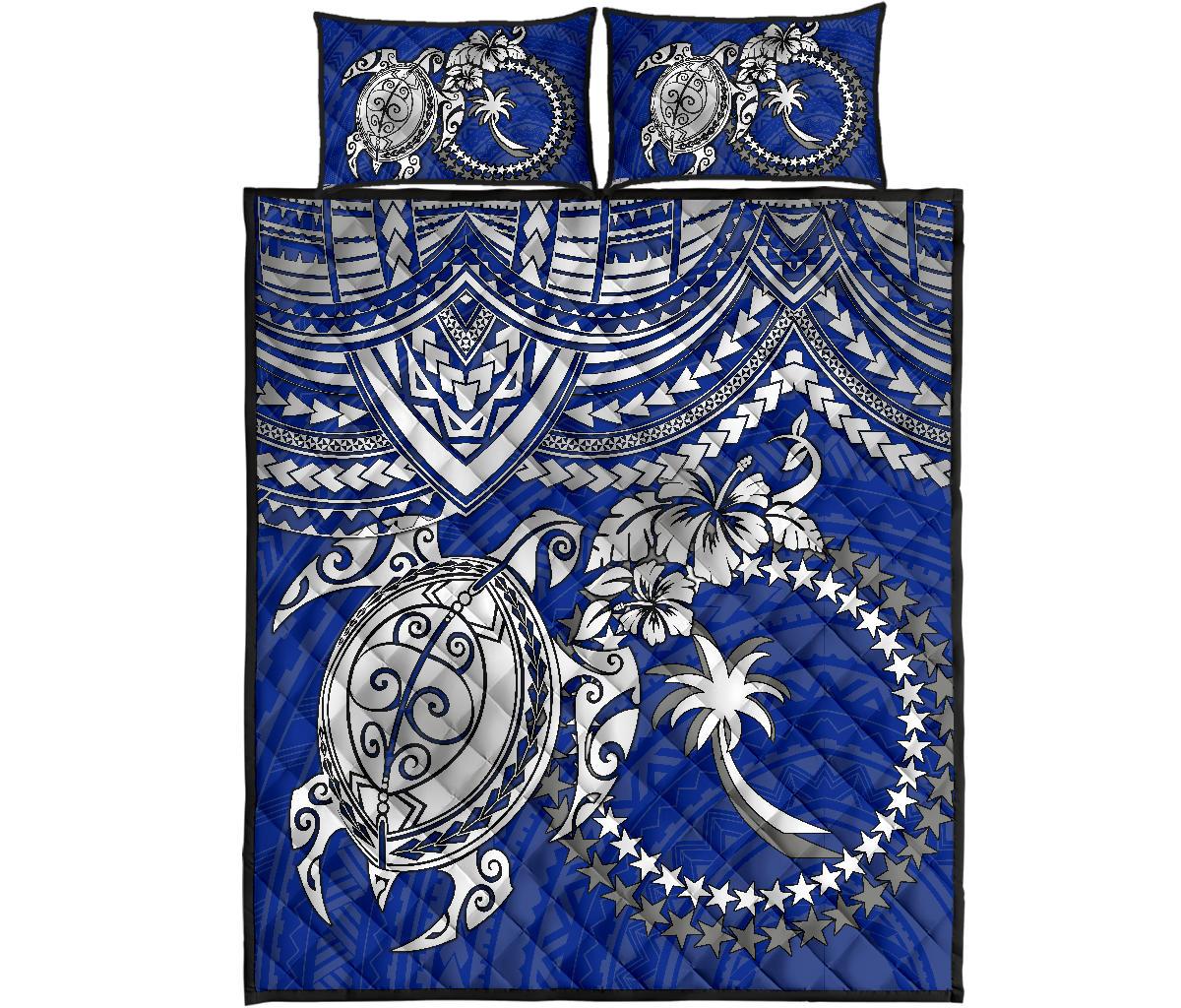 Chuuk Polynesian Quilt Bed Set - Chuuk Flag & White Turtle Blue Version - Polynesian Pride