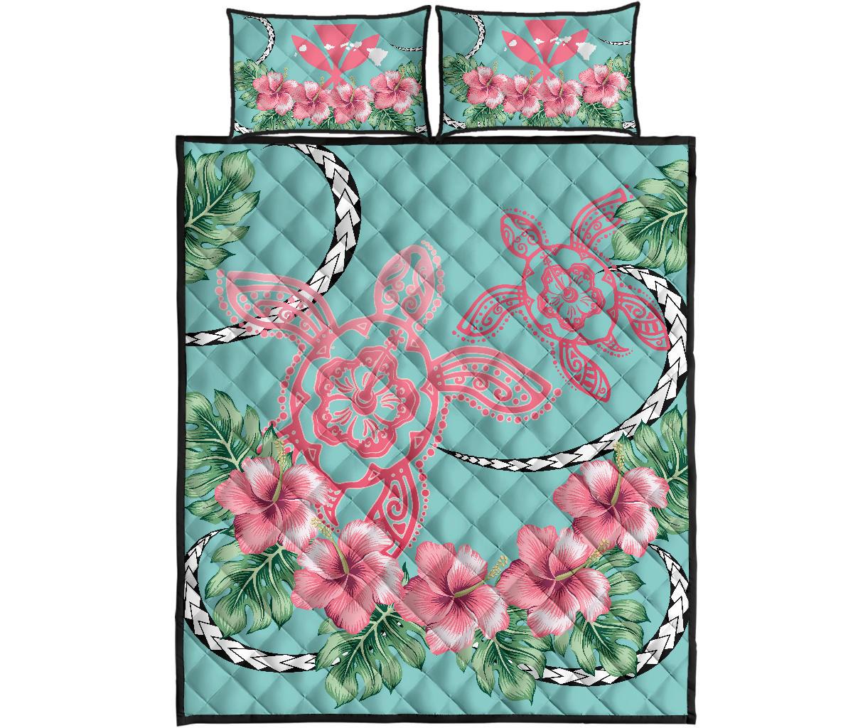 Hawaii Tropical Hibiscus Turtle Mint Style - Quilt Bed Set AH Turquoise - Polynesian Pride