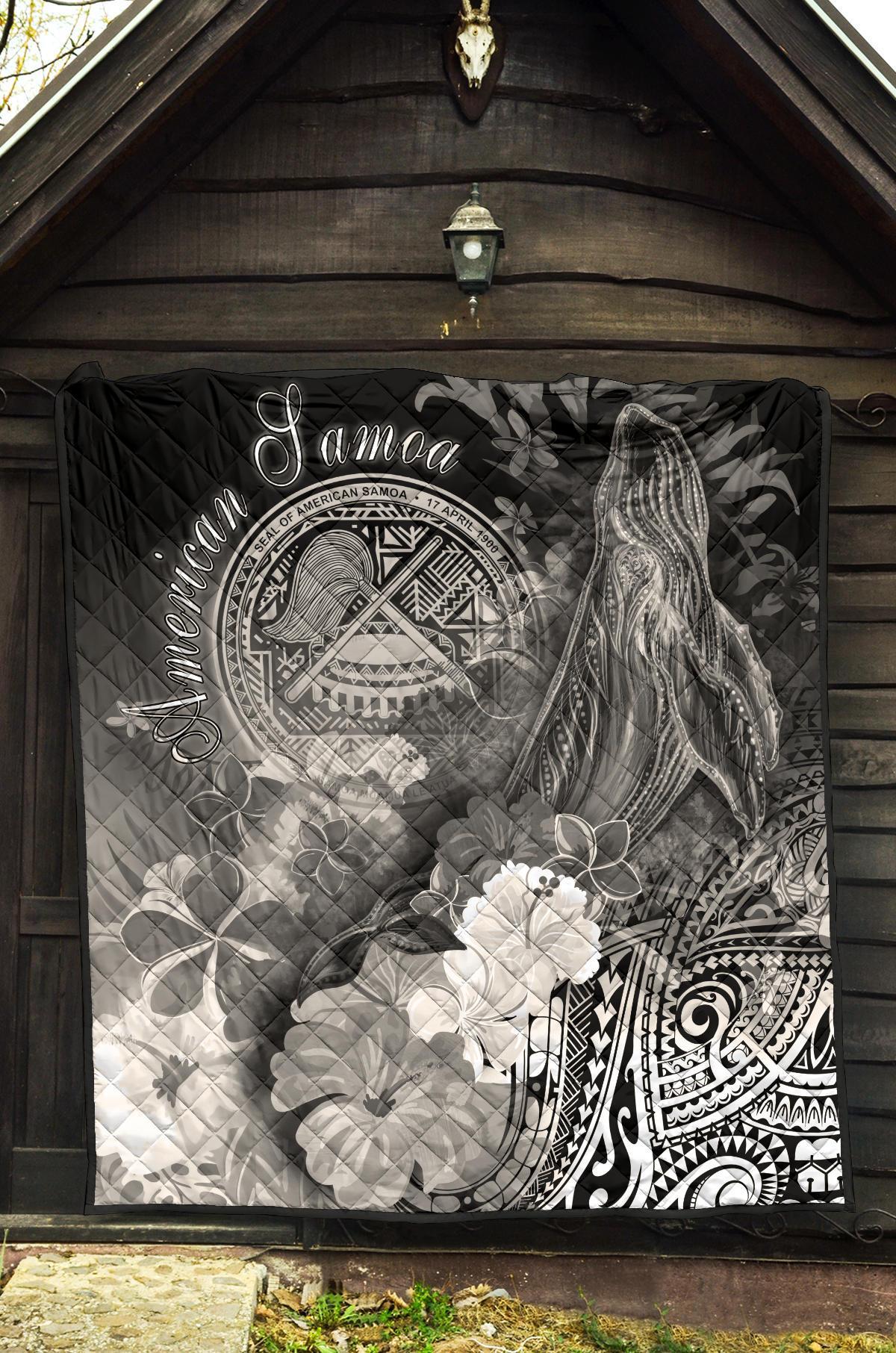 American Samoa Polynesian Premium Quilt - Humpback Whale with Tropical Flowers (White) - Polynesian Pride