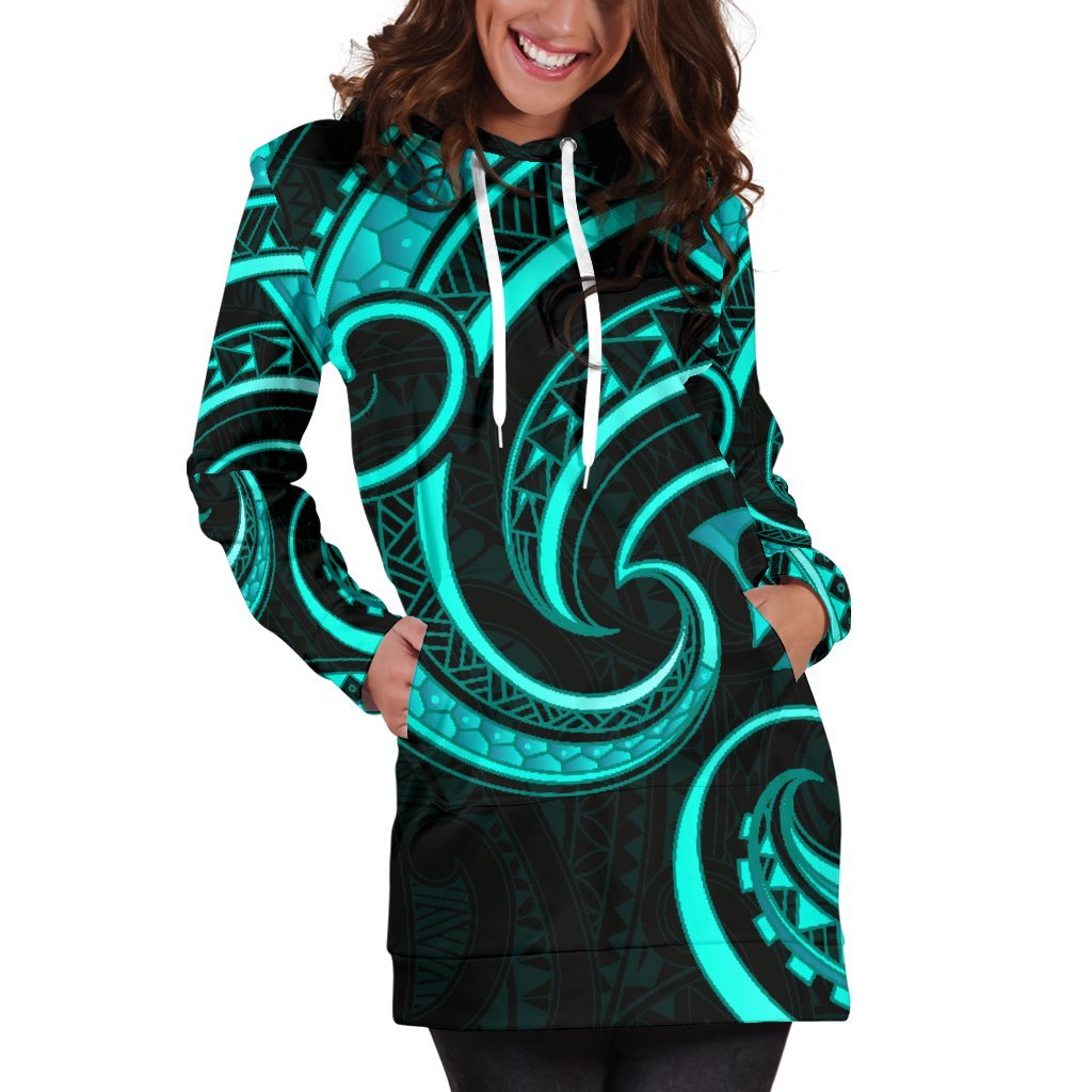 New Zealand Maori Mangopare Women Hoodie Dress Polynesian - Turquoise - Polynesian Pride