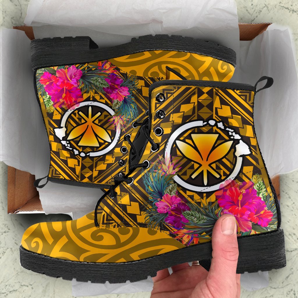 Hawaii Leather Boots - Kanaka Maoli With Hibiscus On Polynesian Patterns (YELLOW) Yellow - Polynesian Pride