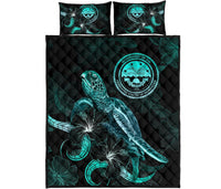 Federated States of Micronesia Polynesian Quilt Bed Set - Turtle With Blooming Hibiscus Turquoise - Polynesian Pride