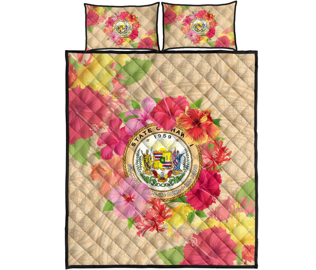 Hawaii Coat Of Arm Hibiscus Quilt Bed Set Beige - Polynesian Pride
