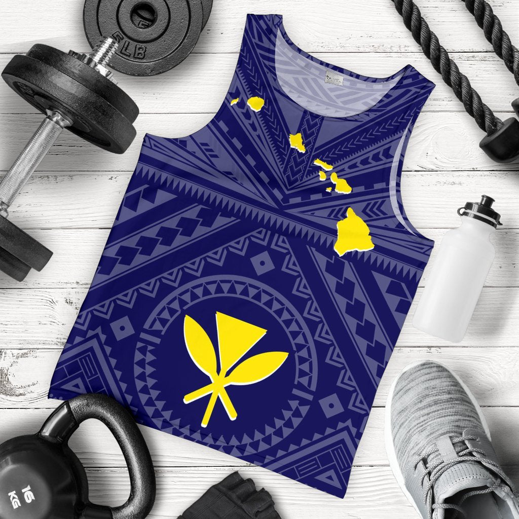 Hawaii Men's Tank Top - Hawaii Kanaka Maoli And Map ( Blue) Blue - Polynesian Pride