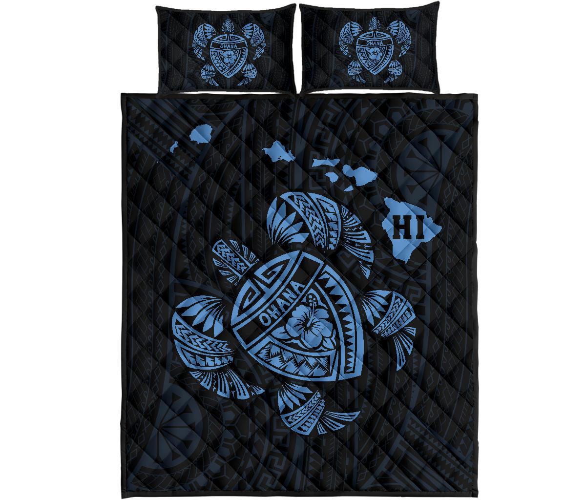 Hawaii Kakau Polynesian Turtle Map Quilt Bed Set - Pastel Blue Blue - Polynesian Pride