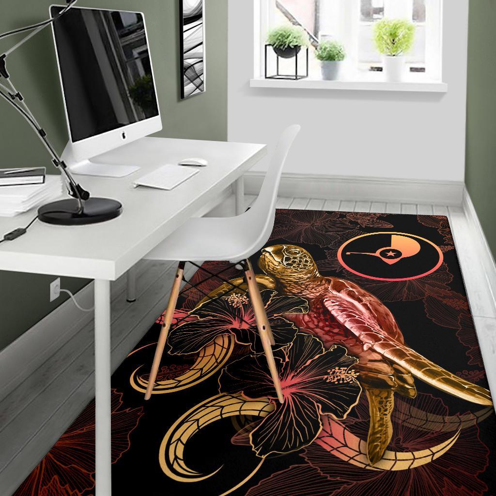 Yap Polynesian Area Rugs - Turtle With Blooming Hibiscus Gold - Polynesian Pride