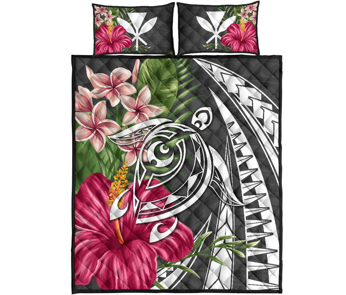 Hawaii Polynesian Turtle Tropical Hibiscus Plumeria Quilt Bed Set - Gray Gray - Polynesian Pride