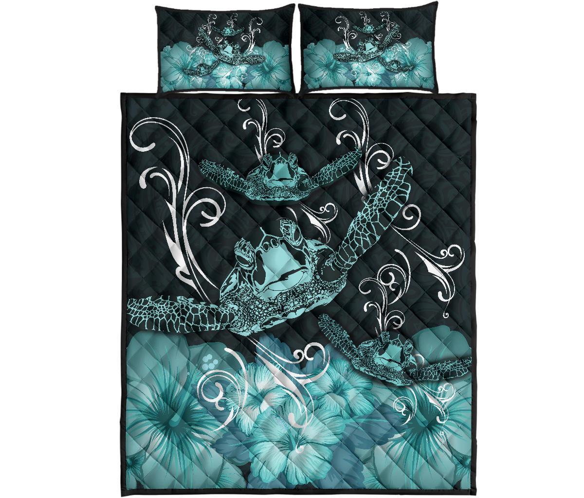 Hawaii Polynesian Turtle Waves Hibiscus Quilt Bed Set - Erik Style - AH - Turquoise Turquoise - Polynesian Pride