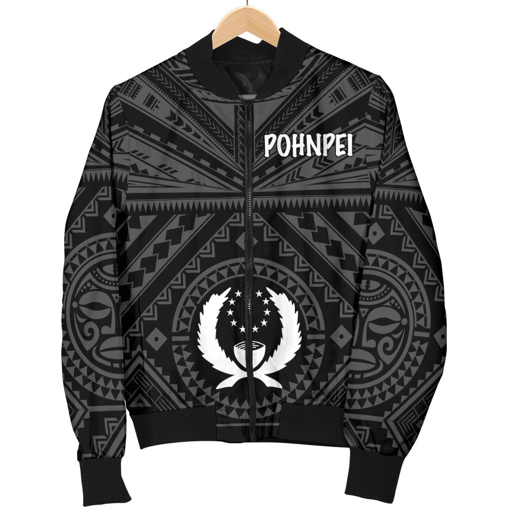Pohnpei Men's Bomber Jacket - Pohnpei Seal With Polynesian Tattoo Style ( Black) - Polynesian Pride