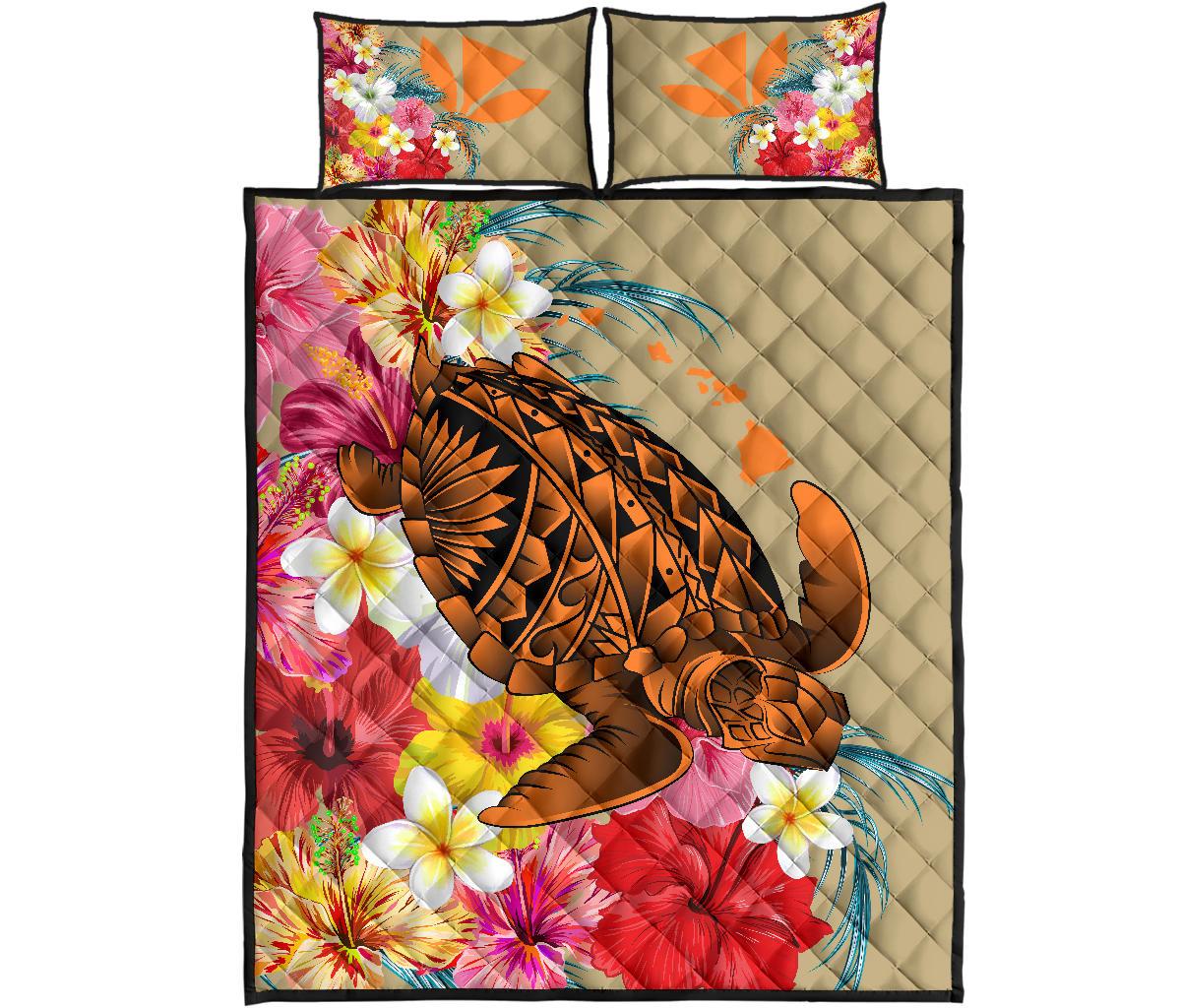 Hawaii Tropical Turtle Hibiscus And Plumeria Quilt Bed Set Quilt Bed Set Beige - Polynesian Pride