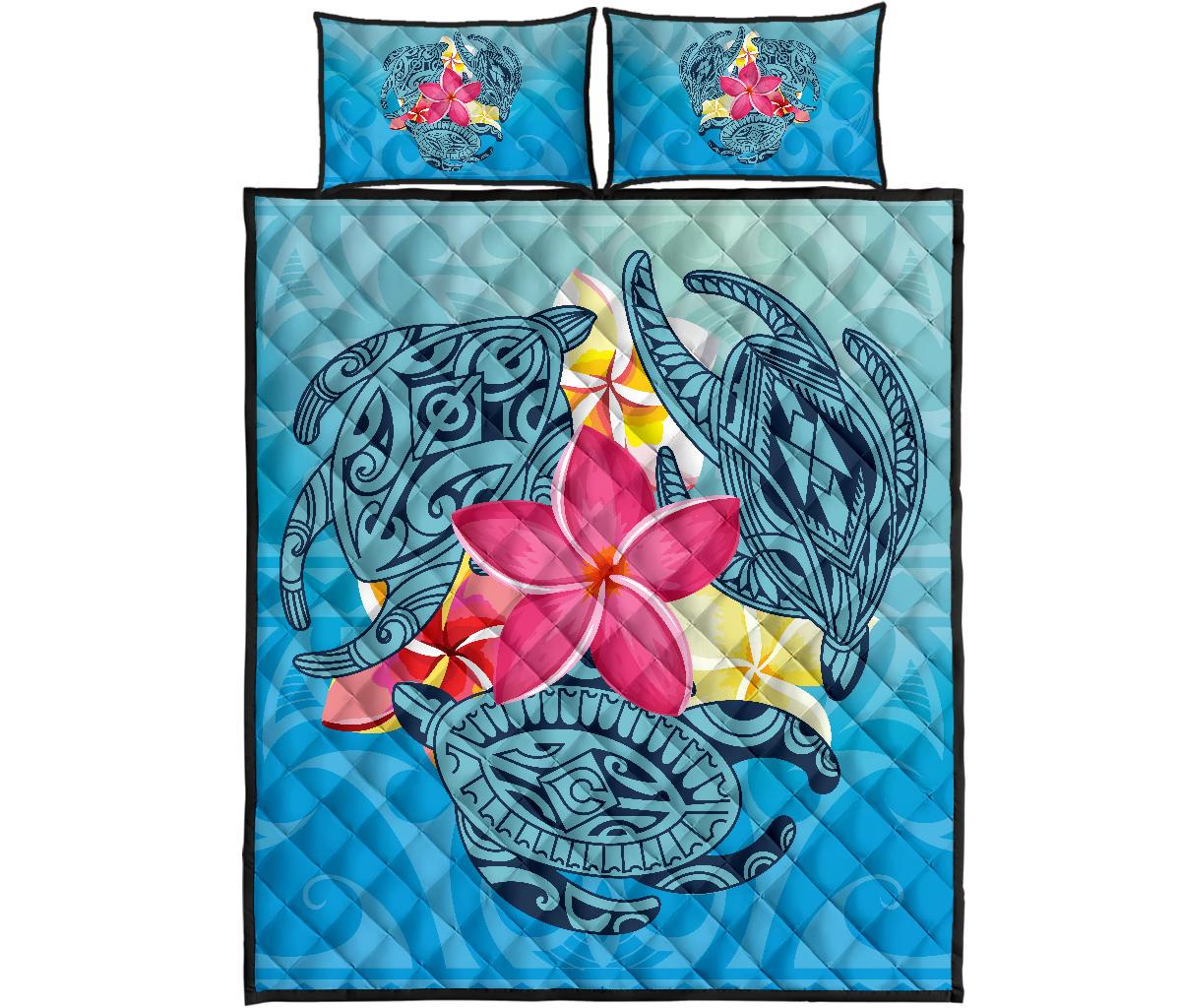 Hawaii Plumeria Deep Sea Circle Turtle Quilt Bed Set Blue - Polynesian Pride