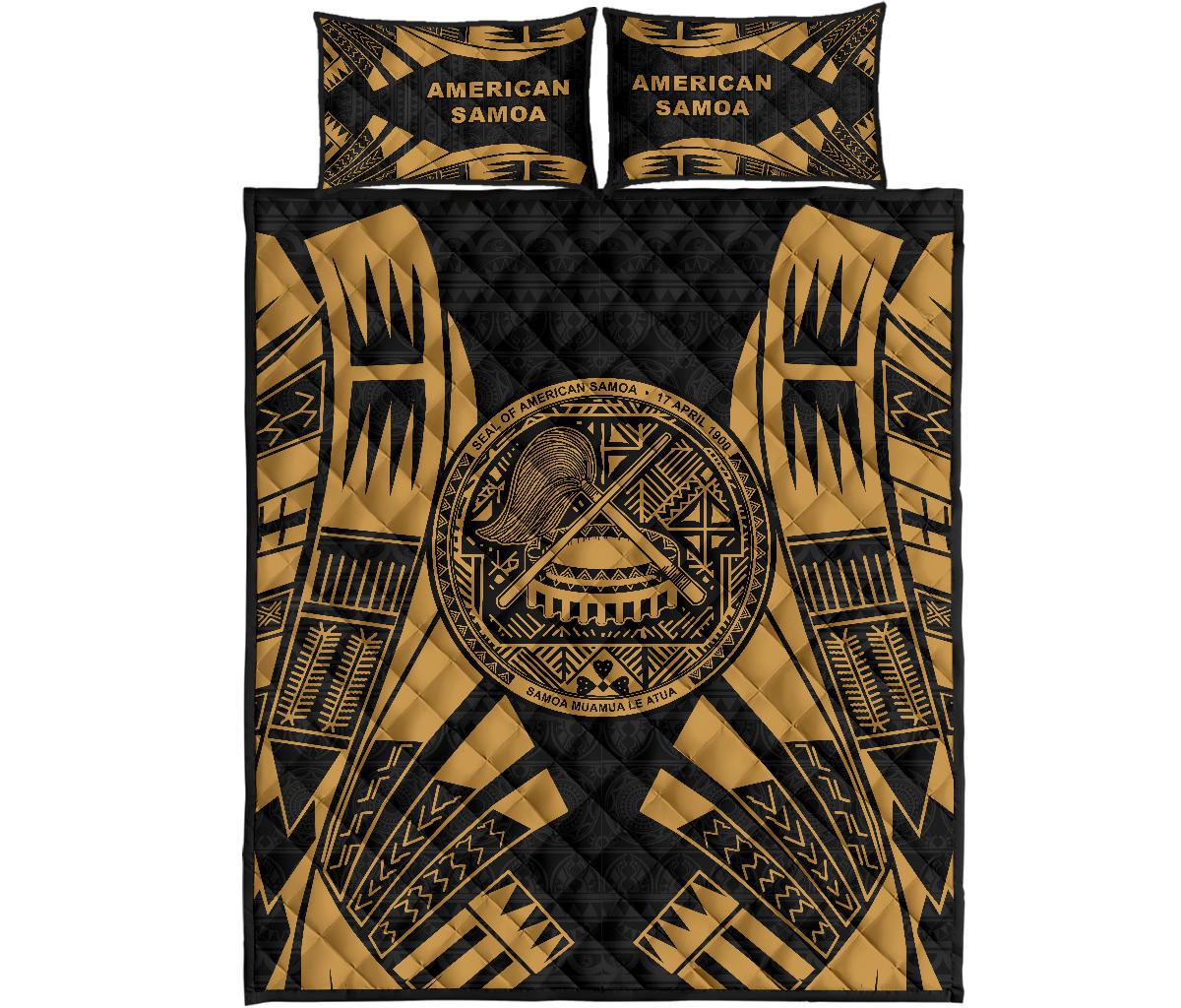 American Samoa Quilt Bed Set - American Samoa Seal Polynesian Tattoo Gold - Polynesian Pride