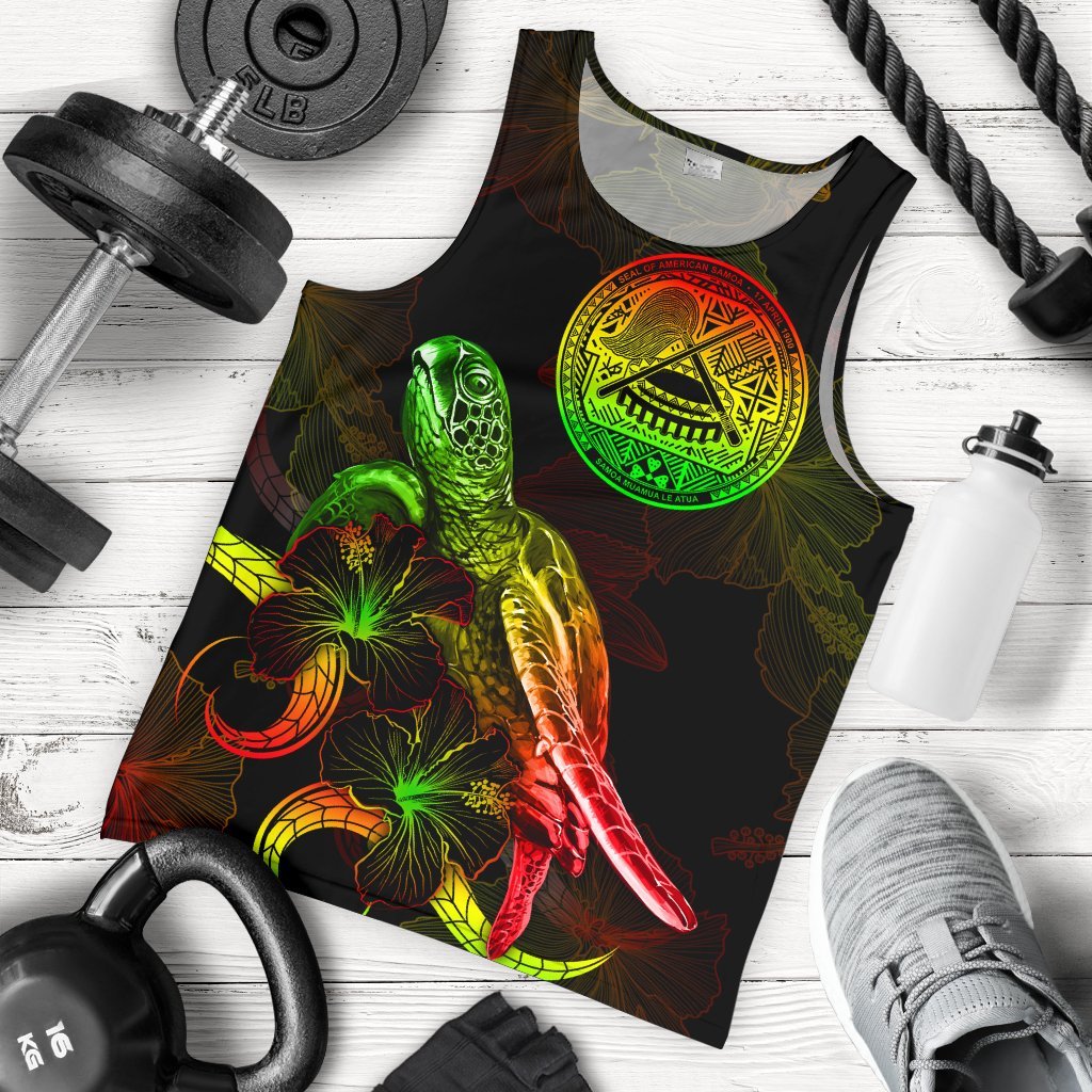 American Samoa Polynesian Men Tank Top - Turtle With Blooming Hibiscus Reggae Reggae - Polynesian Pride