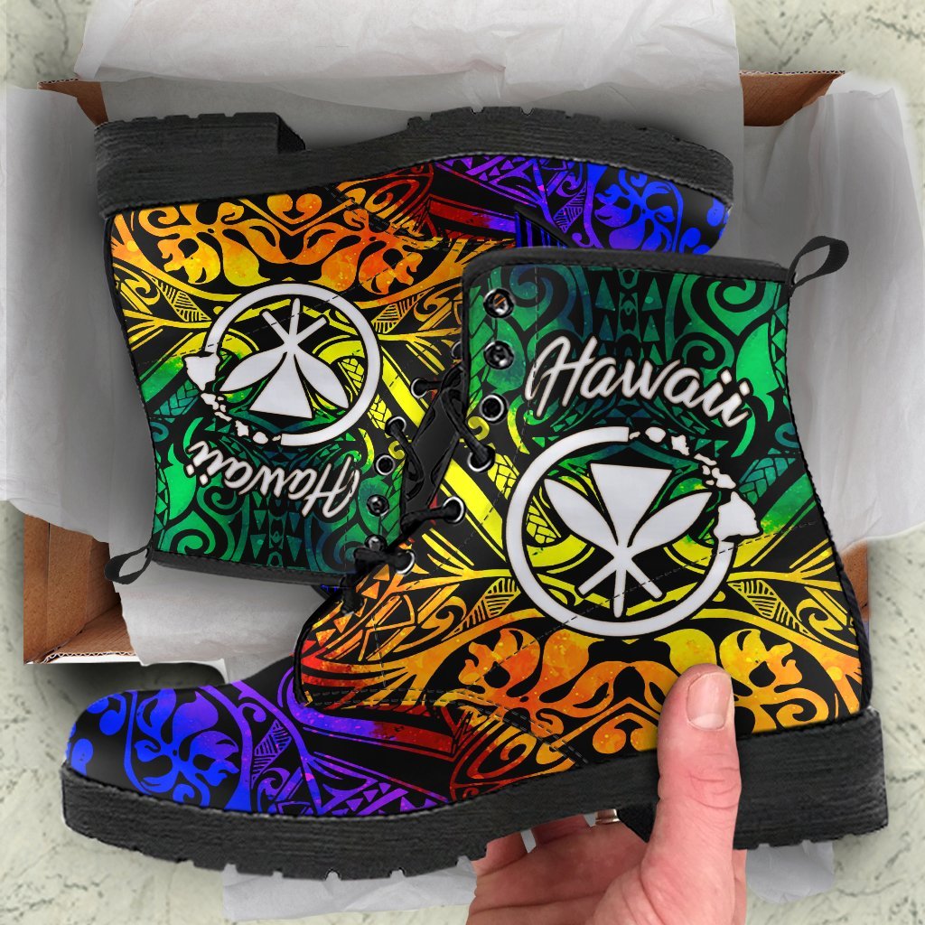 Hawaii Leather Boots - Rainbow Polynesian Pattern Rainbow - Polynesian Pride