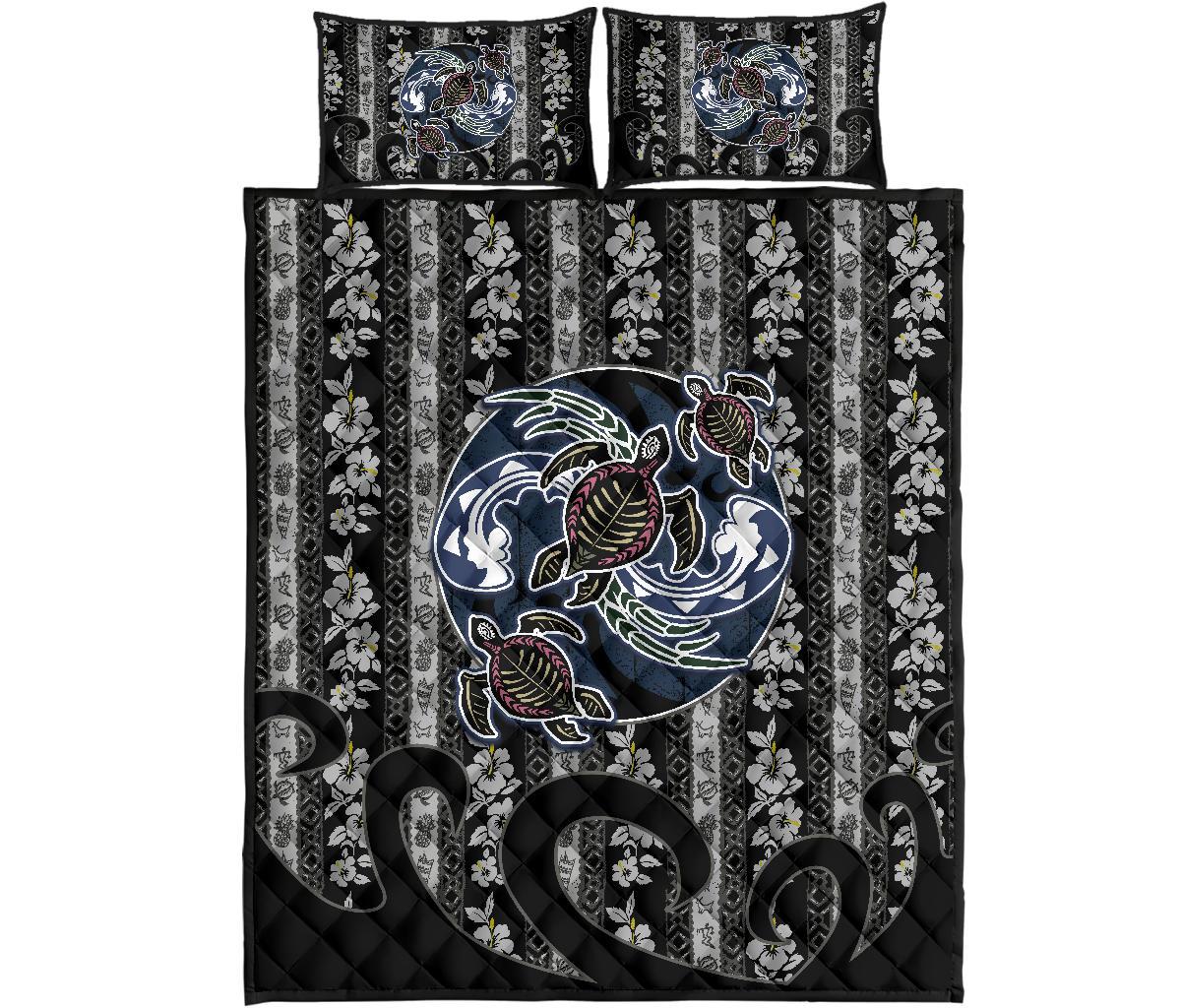 Hawaii Quilt Bed Set - Turtle Hibiscus Black - Polynesian Pride