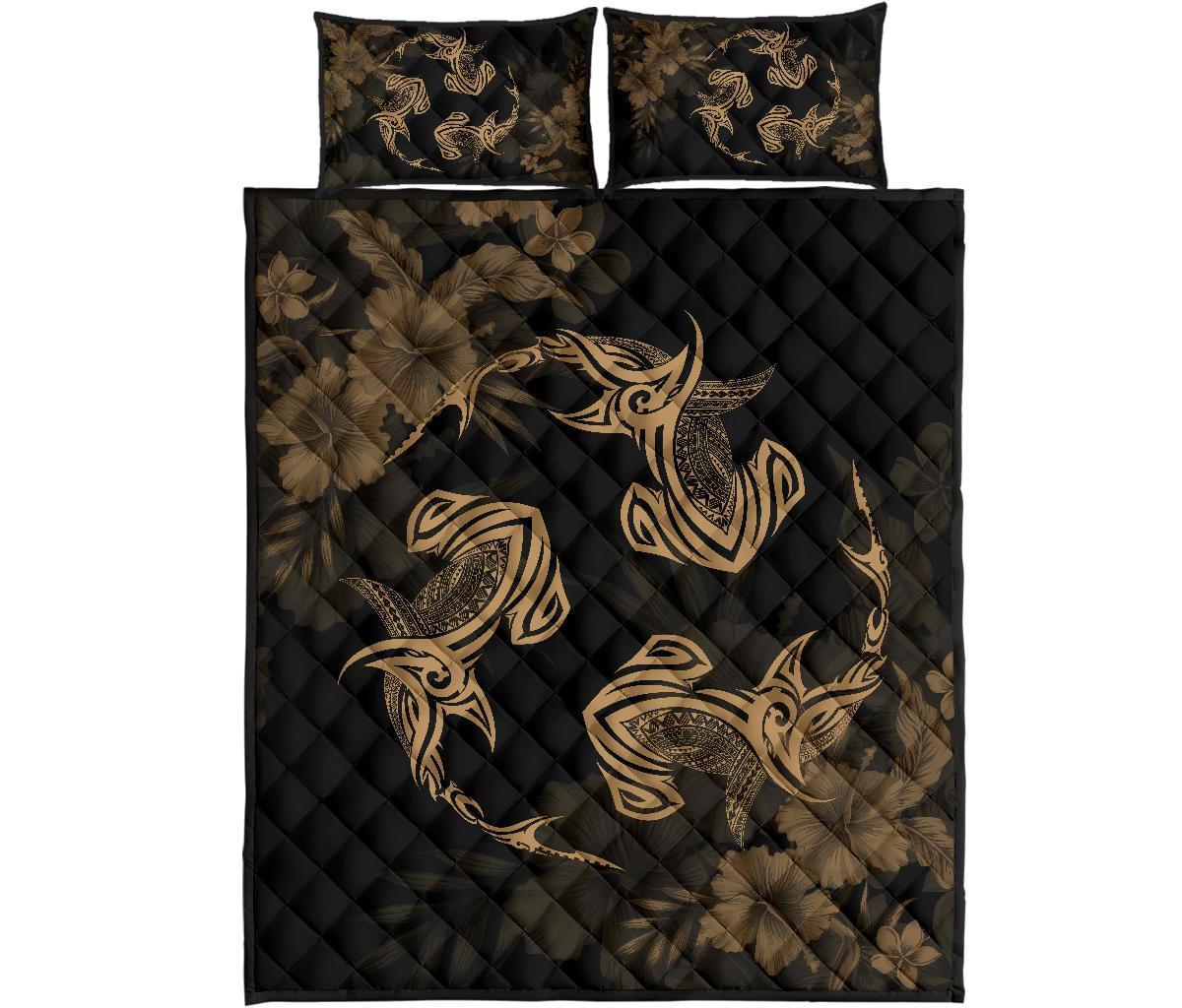 Hawaii Head Hammer Shark Hibiscus Gold Quilt Bed Set Gold - Polynesian Pride