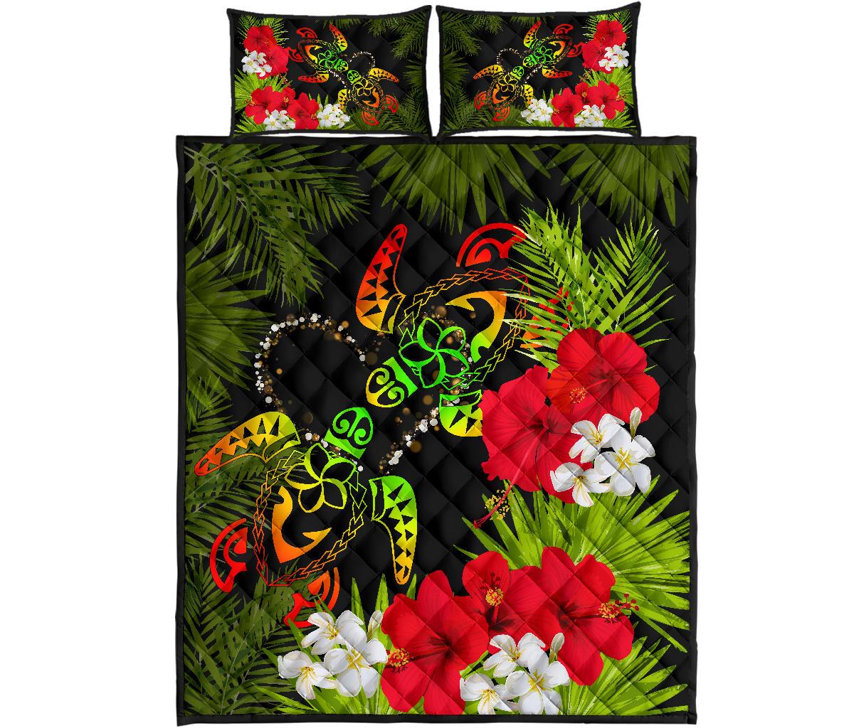 Hawaii Couple Turtle Hibiscus Tropical Valentine Quilt Bed Set - Levi Style - AH Black - Polynesian Pride