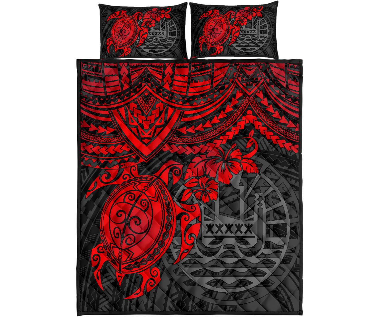 Tahiti Polynesian Quilt Bed Set - Tahiti Flag & Red Turtle Hibiscus Premium - Polynesian Pride