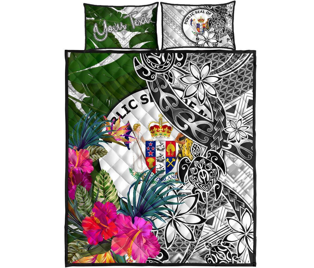 Niue Custom Personalised Quilt Bet Set White - Turtle Plumeria Banana Leaf - Polynesian Pride