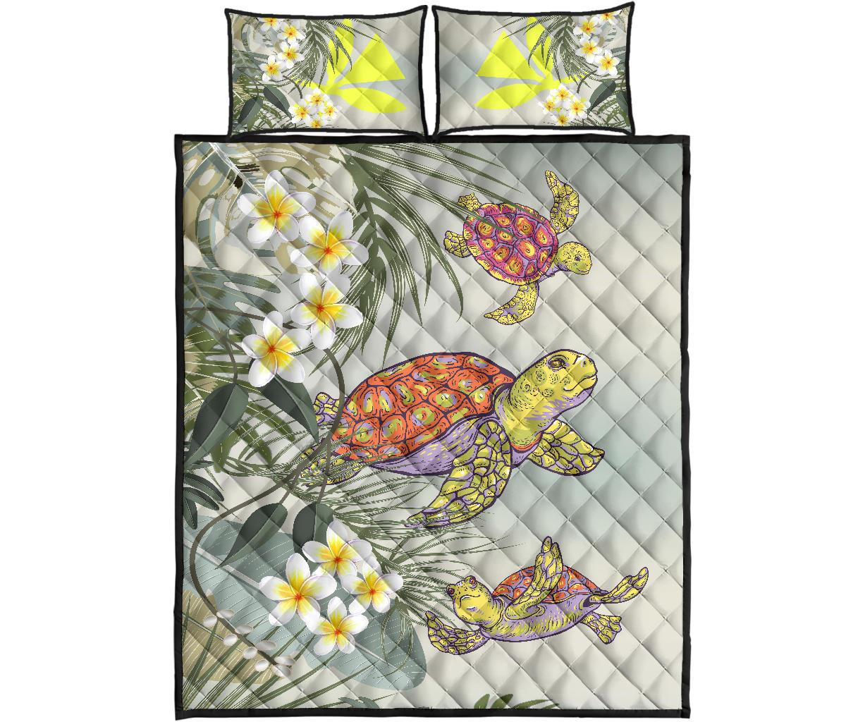 Hawaii Honu Chibi Sea Plumeria Quilt Bed Set Yellow - Polynesian Pride