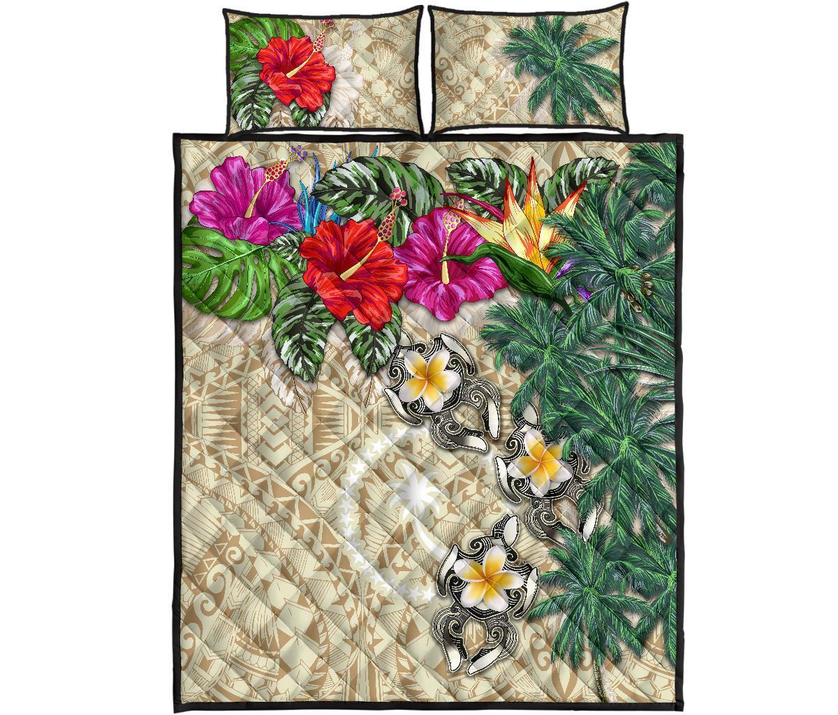 Chuuk Polynesian Quilt Bed Set - Hibiscus Turtle Tattoo Beige - Polynesian Pride