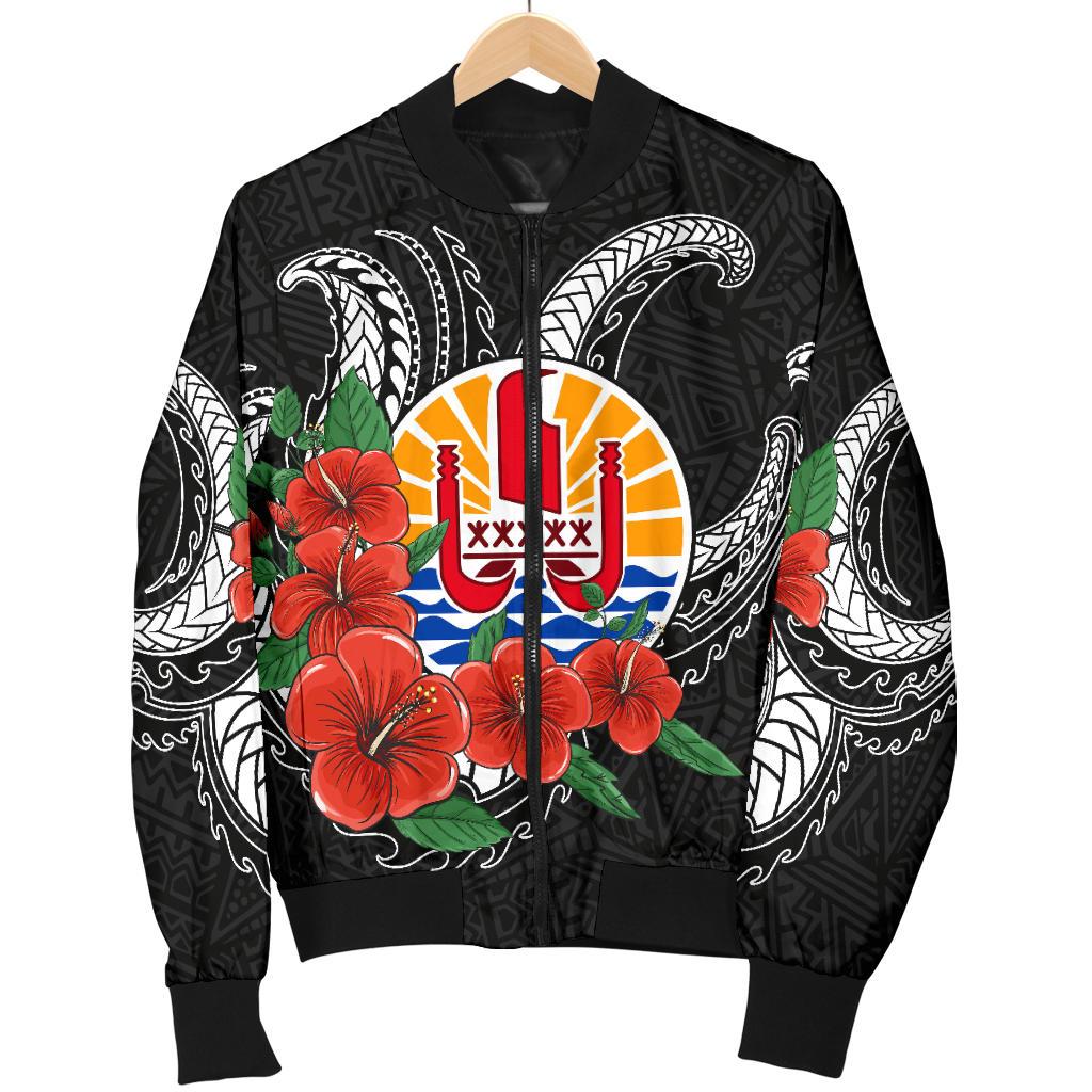 Tahiti Polynesian Men Bomber Jacket - Hibiscus Coat of Arm Black BLACK - Polynesian Pride