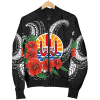 Tahiti Polynesian Men Bomber Jacket - Hibiscus Coat of Arm Black BLACK - Polynesian Pride