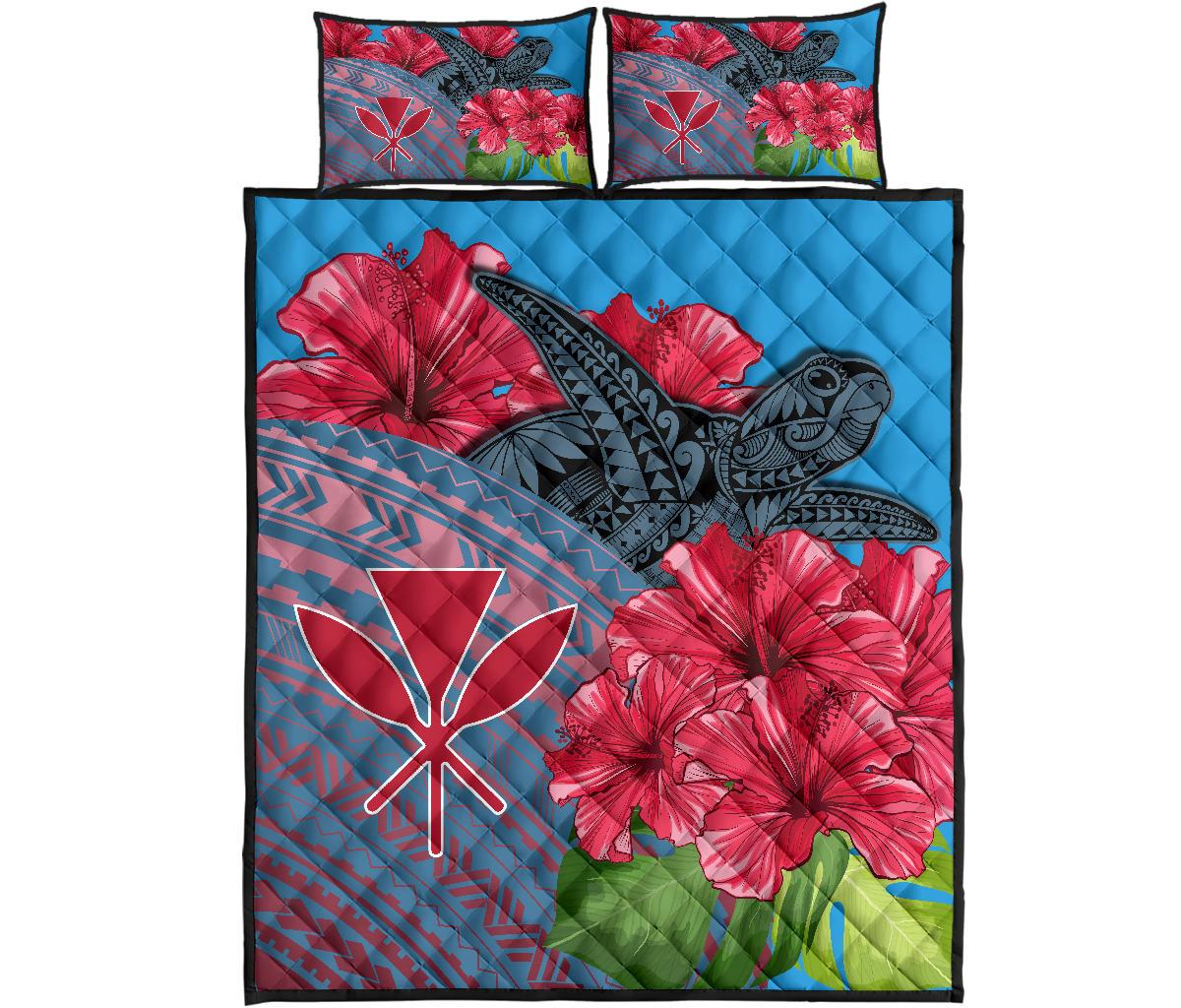 Hawaii Turtle Hibiscus Kanaka Pink Style - Quilt Bed Set AH Blue - Polynesian Pride