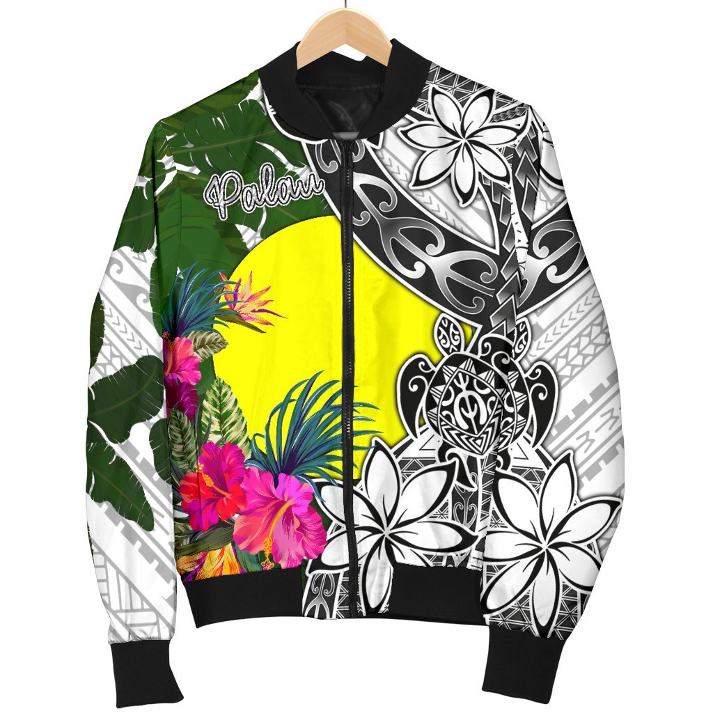 Palau Men's Bomber Jacket White - Turtle Plumeria Banana Leaf - Polynesian Pride